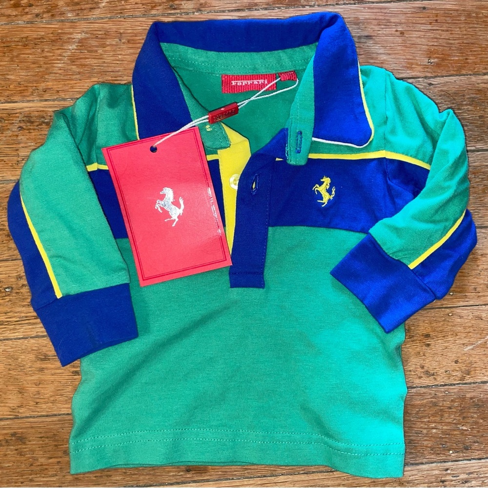 Genuine Ferrari Kids Polo long sleeve Green and Blue with Yellow Accents nwt